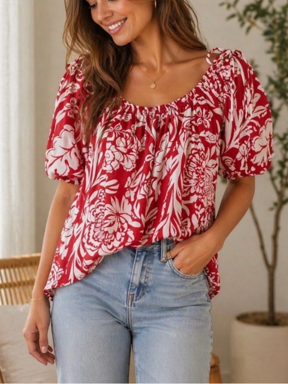 New large red and white floral off-the-shoulder blouse by Knox Rose